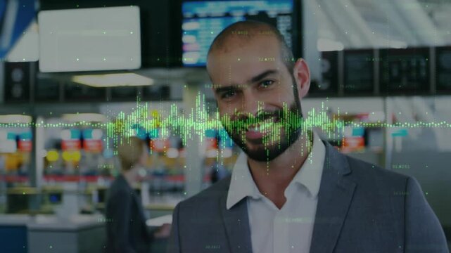 Animation of graph, numbers on businessman checking passport and boarding pass at airport