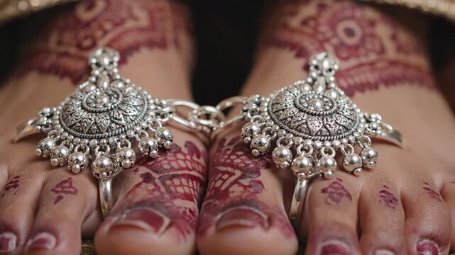 Intricate Silver Anklets Adorn Bare Feet Decorated With Traditional Red Henna Mehendi Patterns In Warm Soft Lighting Showing Toes Fingernails And Toenails On Dark Background