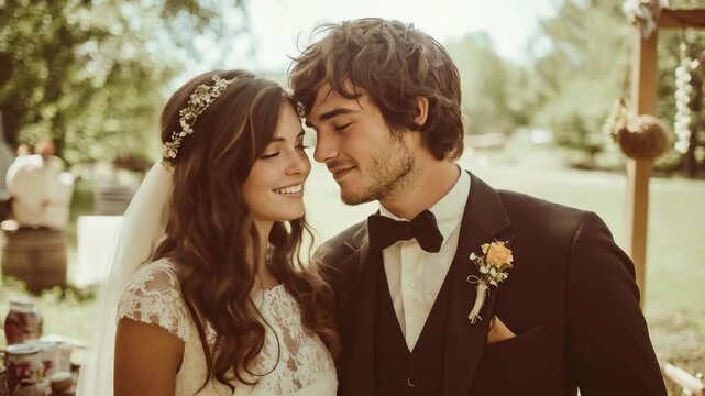 Young bride and dapper groom gaze with affection, a tender moment captured outdoors. This classic, elegant, vintage style scene evokes romantic nostalgia.