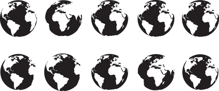 A captivating sequence of black and white globe illustrations depicting the Earth's rotation, symbolizing global movement, interconnectedness, and dynamic progress across continents and oceans