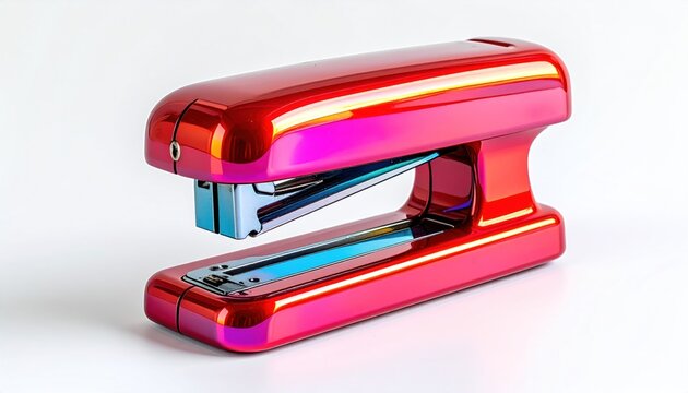 Shiny, red, chrome stapler rests on a white surface with cool metallic elements