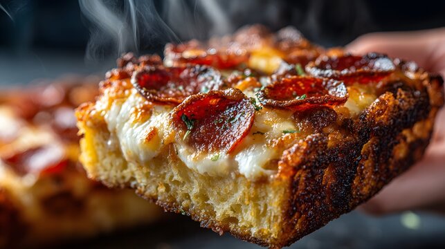 Close up view of a thick square slice of Detroit-style pizza with pepperoni and melted cheese being held in hand with steam rising from it.