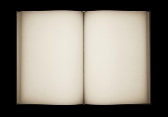 Open book displays aged, blank pages set against a dark background