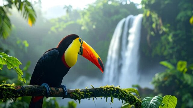 Colorful toucan bird perched on branch waterfall and lush foliage background