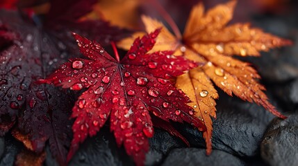 Obraz premium Close up macro shot of wet autumn maple leaves on dark ground displaying vibrant red and orange colors covered in fresh rain water drops.