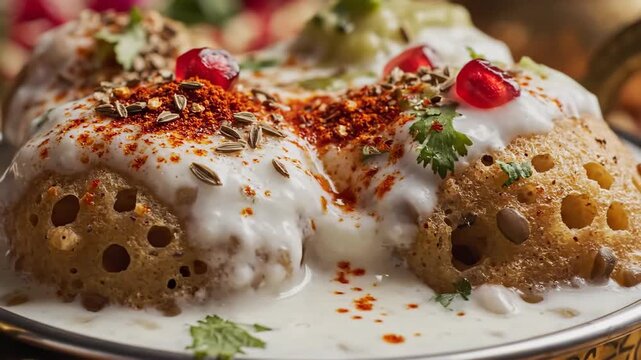 Delicious Dahi Vada Chaat close up macro shot garnished with pomegranate seeds cilantro and spices served in a traditional metal bowl with shallow depth of field