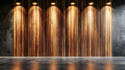 Wall with wood background. Texture of wooden panels made of vertical slats. Template for design empty room studio. Corrugated plank boards