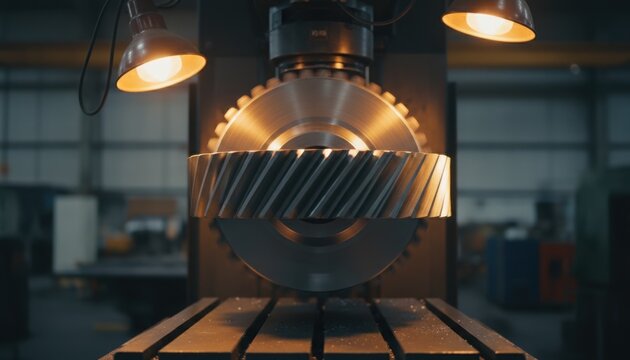 Massive metal gear component being machined in a brightly lit industrial workshop.