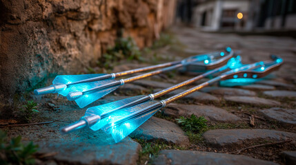 Mystical quiver with glowing blue illuminated arrows on cobblestone path beside ancient stone wall, magical archery equipment, fantasy weaponry, ethereal glow, with copy space