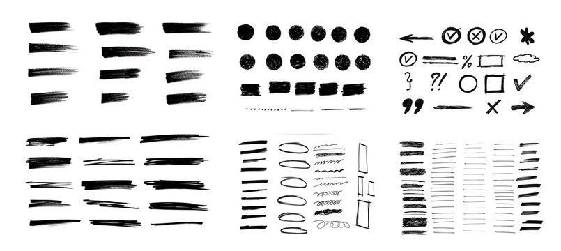 Hand drawn collection of different scribble lines and brush strokes, Marker pen underline and strikethrough strokes