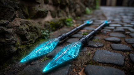 Mystical quiver containing glowing blue illuminated arrows on cobblestone pathway beside ancient stone wall, magical weaponry, fantasy archery, ethereal lighting, with copy space