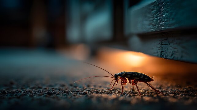 Creepy silhouette of a cockroach hiding under a kitchen cabinet illuminated by warm under-cabinet lighting, creating a mysterious mood.
