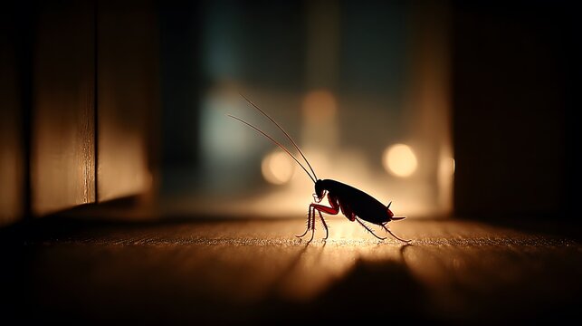 Creepy silhouette of a cockroach hiding under a kitchen cabinet illuminated by warm under-cabinet lighting, creating a mysterious mood.