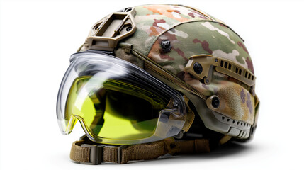 Fototapeta premium Isolated modern military tactical protective helmet for soldiers and police, defense equipment, combat gear, security headwear, transparent background PNG format, with copy space