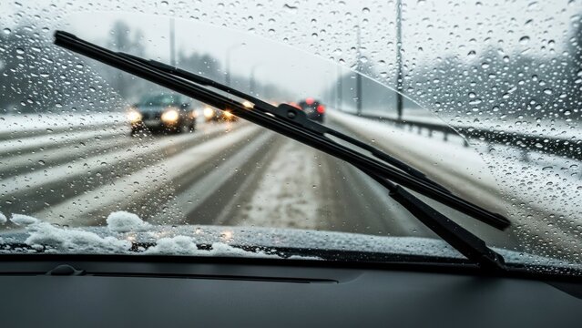 Driving in wintry conditions: A perspective through a windshield in snowfall highway