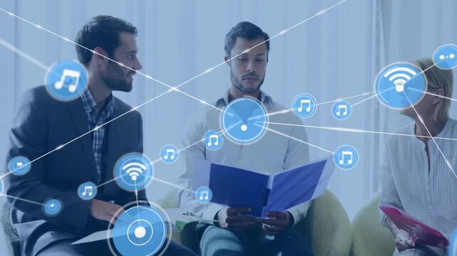 Three colleagues sitting in tech lounge, showing network icons linking presentation folders