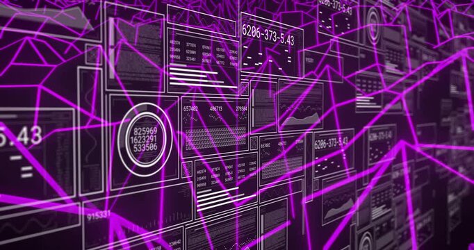 Camera panning revealing data panels while purple wireframe pulsing for visualizing dynamic metrics