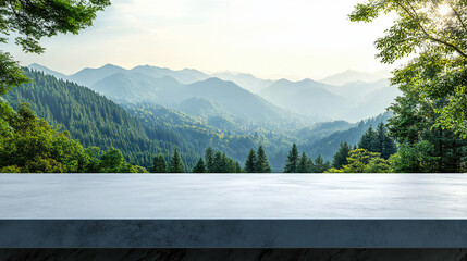 White empty tabletop against a background of green mountains with a forest. Clean outdoor mockup with countertop for product presentation