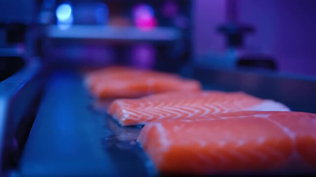 Fresh salmon fillets moving along a blue illuminated industrial processing conveyor belt in a modern seafood factory environment