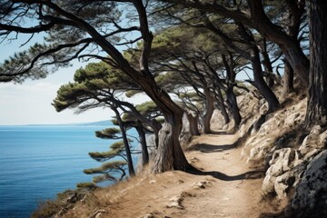 Scenic walking trail leading through pine trees on a cliffside overlooking the blue sea