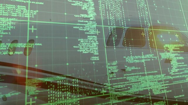Digital grid initializing and scanning jet fuselage, scrolling code clustering windows and cockpit