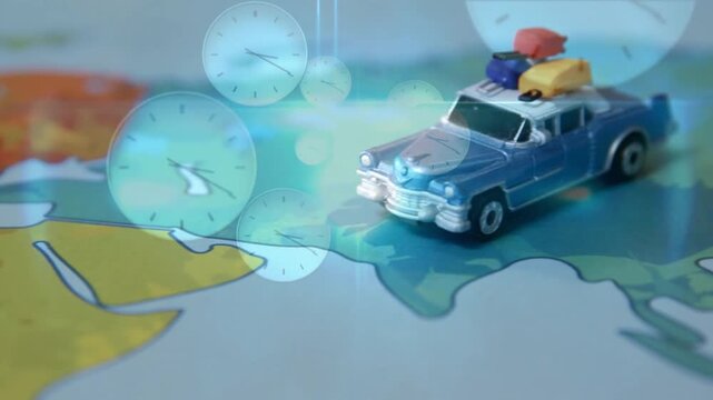 After turquoise lens flare sweeping map blue toy car with 3 suitcases rolling east under clocks