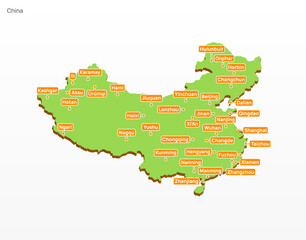 Obraz premium 3d vector illustration graphic green color geographical map of China with largest places shown