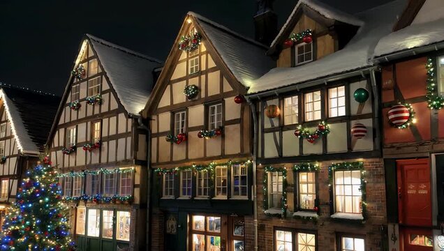 4K night time footage of medieval timber framed houses adorned with colorful Christmas decorations capturing festive ambiance historic architecture holiday 