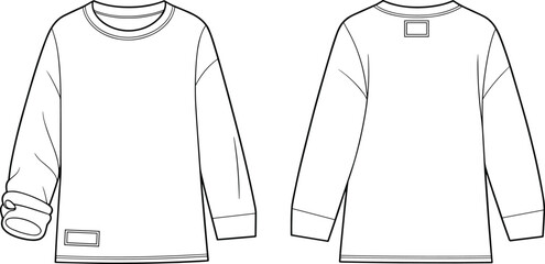 Crewneck sweatshirt, long sleeves, front view, back view, patch detail, rolled sleeve, fashion CAD, garment sketch, apparel design, technical drawing, menswear basics, textile silhouette