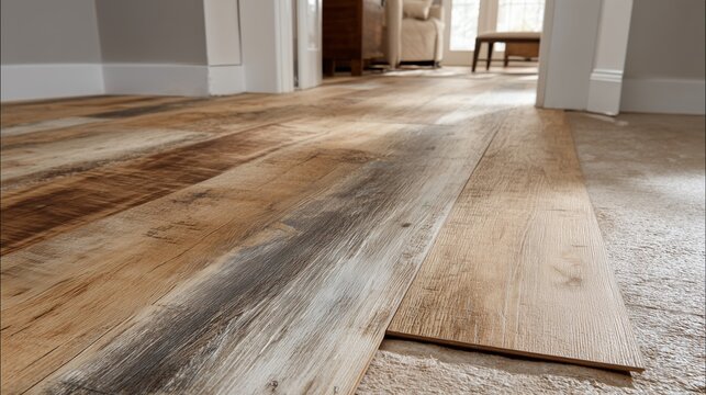 Close-up of lvp flooring plank partially installed over underlayment in a bright interior, conveying renovation progress and durable wood-look surface.