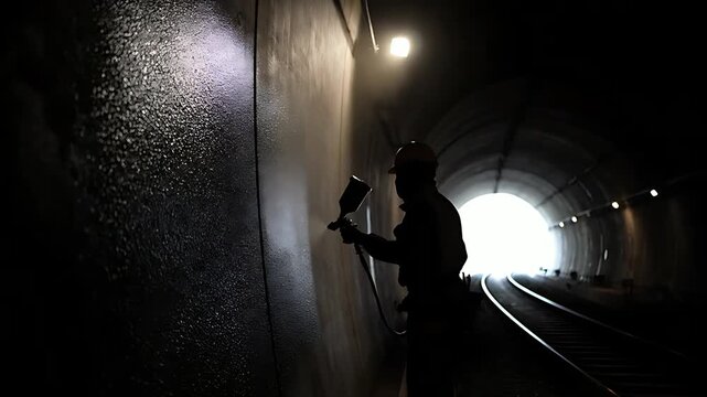Construction worker silhouette applying protective coating with a spray gun inside a dark railway tunnel emphasizing infrastructure maintenance and industrial painting work.