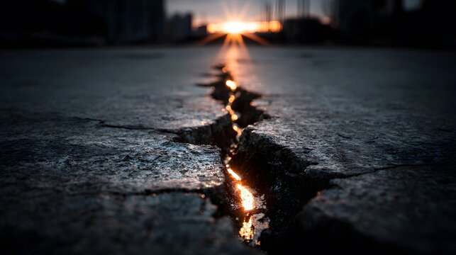 High angle close up texture showing a jagged crack running through grey concrete pavement with dramatic lighting highlighting rough textures.