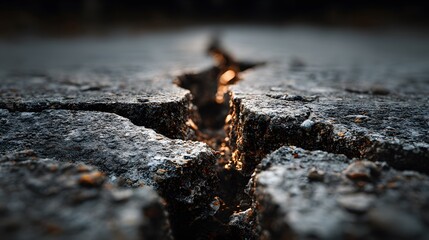 High angle close up texture showing a jagged crack running through grey concrete pavement with dramatic lighting highlighting rough textures.