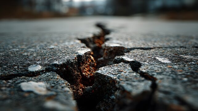 High angle close up texture showing a jagged crack running through grey concrete pavement with dramatic lighting highlighting rough textures.