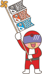 Obraz premium こいのぼりを掲げる赤いヒーローキャラクター｜子どもの日イラスト素材