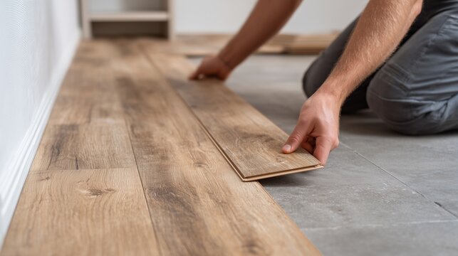 Installer placing interlocking lvp plank on wood-look floor, symbolizing renovation and durable waterproof solution.