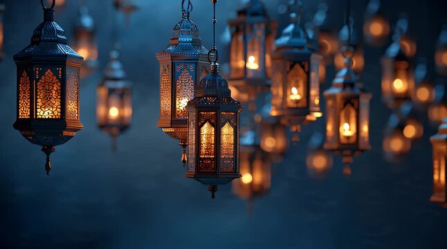 Hanging Glowing Arabic Lanterns with Warm Light and Blue Bokeh Background, islamic background motion