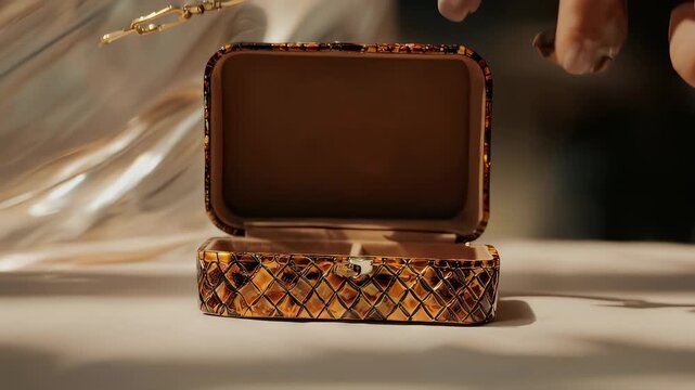 Decorative patterned jewelry box with compartments for storage.