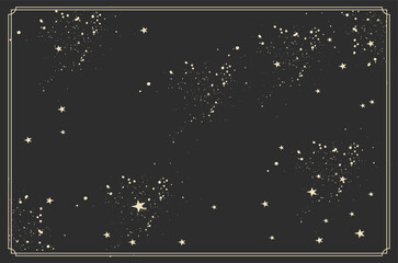 Starry night sky background with scattered stars and decorative rectangular frame on dark background. Vintage textured illustration with space pattern and empty center. Cosmic background and astronomy © Salomi art
