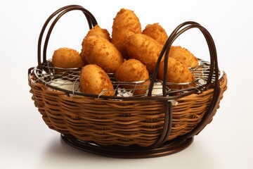Golden brown deep fried croquettes presenting in a brown woven basket on a white background