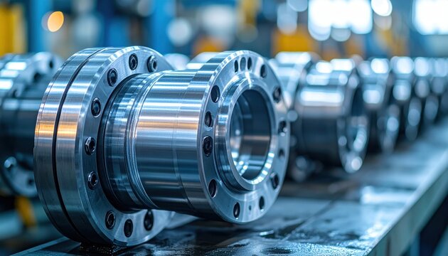Close-up view of shiny metal industrial machinery components with bolted flanges in a manufacturing setting