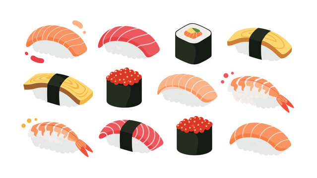 Wide variety of japanese sushi types including salmon nigiri tuna rolls egg sushi and shrimp displayed on a clean white background.