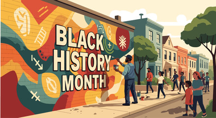 Fototapeta na wymiar Black History Month inspired mural painting scene, modern flat vector celebrating Black creativity, heritage, identity, and community expression