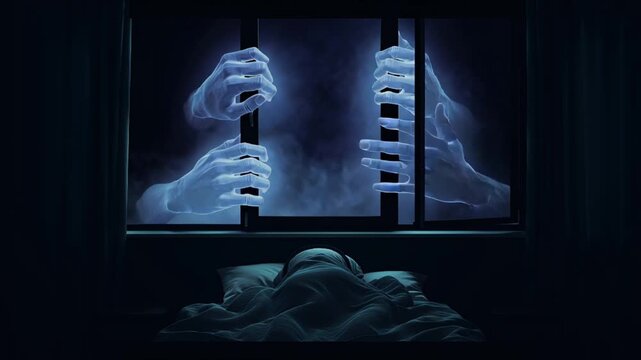 4K cinematic horror scene, person sitting up bed, dark bedroom, stormy night outside window, ghostly semi-transparent hands mirror paranormal spectral glow, hands pressing glass haunting nightmare