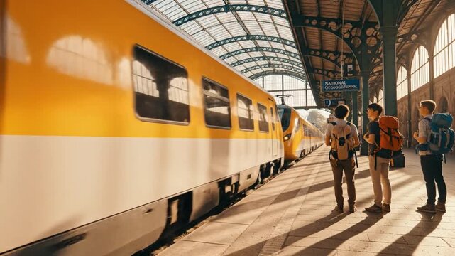 Journey Awaits: Three young explorers, each clutching backpacks and filled with anticipation, gather at a train station platform, ready to embark on a great adventure through breathtaking lands.