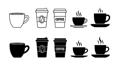 Coffee cup icon set linear and silhouette styles cafe beverage vector illustration