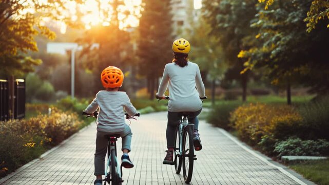 Safety tips for biking with kids during sunset in a park