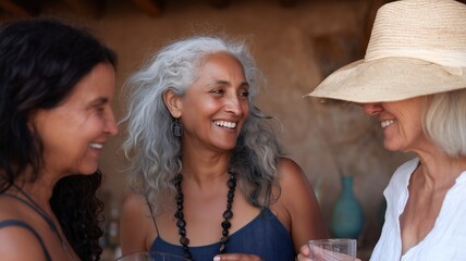 a photo of three diverse middle-aged mature women in modern stylish clothes smiling, on a vacation, mature friendship representation © Romana