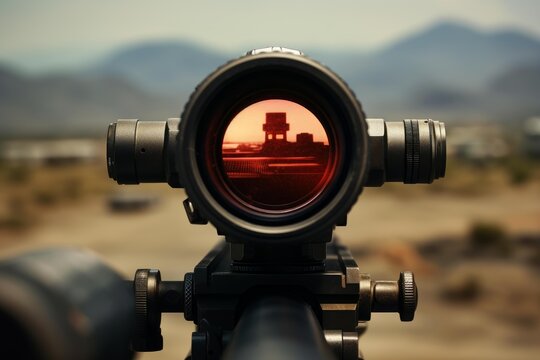 Rifle scope looking through a desert landscape, focusing on a distant outpost building