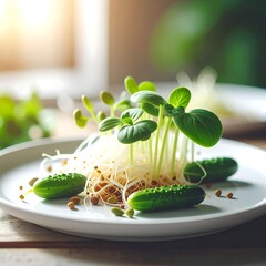 Sprouts and tiny cucumbers sit atop a white plate, softly lit with greenery blurring in the background